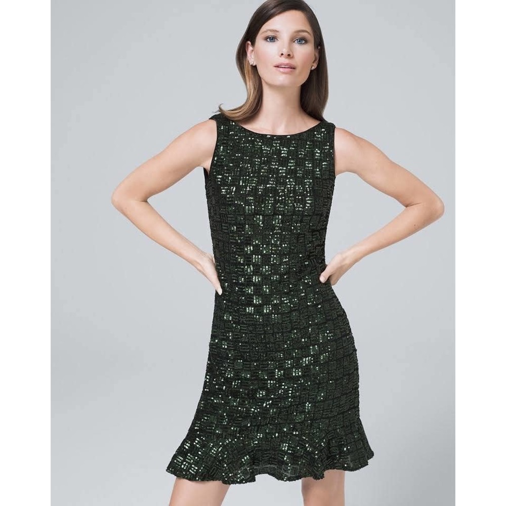 White House Black Market Sequin Flounce Dress Womens SZ Small Green Sequin Party